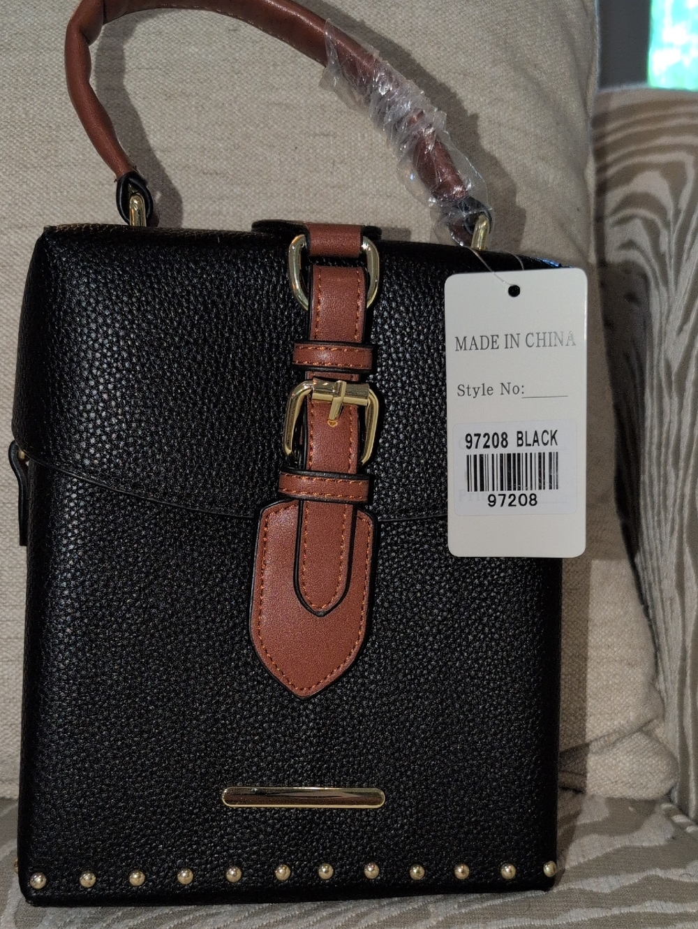 Black Crossbody Bag with Brown Vegan Trim and Gold Hardware- NWT